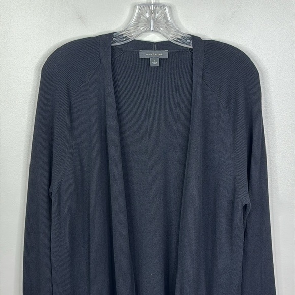 Ann Taylor Black Ribbed Open Front Cardigan Sweater Duster Women's Size Large - Picture 2 of 6